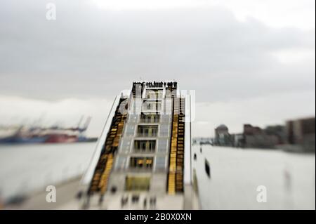 Dockland with tourists on the roof, blur, Altona, Hanseatic City of Hamburg, Germany, Stock Photo