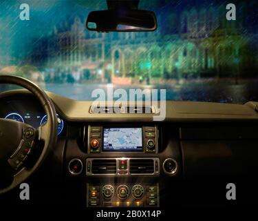 TRAVEL CONCEPT: Driving in the rain Stock Photo