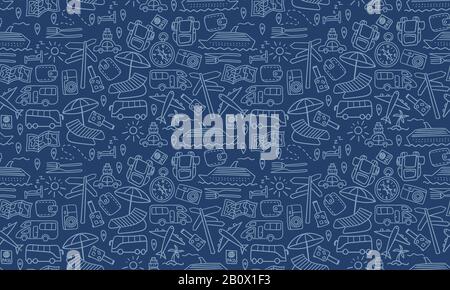 Horizontal seamless pattern with travel doodles. Dark vacation background. Vector illustration. Stock Vector