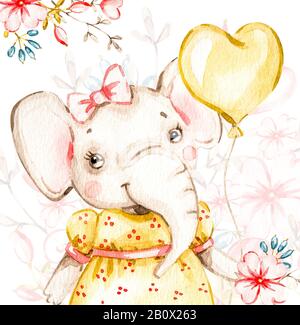 Cute baby girl elephant with yellow balloon handpainted watercolor illustration. Hand painted nursery watercolour. Stock Photo