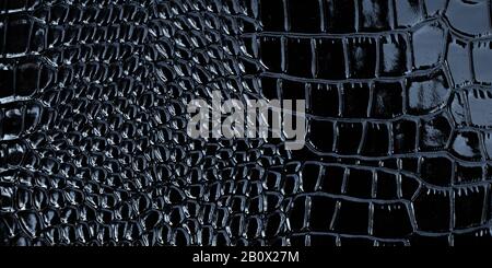 Black texture of patent leather, crocodile pattern, abstract background of snakeskin print, clothes. Textile design, material of fashion accessory Stock Photo