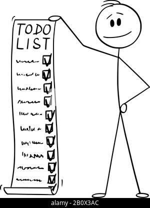 Vector cartoon stick figure drawing conceptual illustration of man or businessman holding todo, to-do list or checklist with checking of compete tasks. Stock Vector