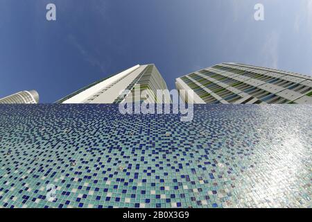 View to the sky, super wide angle, skyscrapers, EPIC Marina, Miami River Walk, Downtown Miami, Florida, USA, Stock Photo