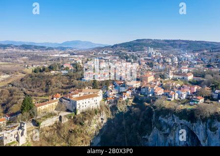 an aerial view of city of Pazin and Pazin cave in foreground, Istria, Croatia Stock Photo