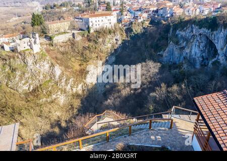 an aerial view of Pazin zip line over abyss is an extraordinary natural attraction, in autumn, Istria, Croatia Stock Photo