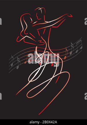 Balroom Dancers Couple with musical notes. Line art stylized illustration of couple dancing ballroom dance on black background. Vector available. Stock Vector