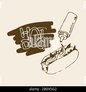 Hot Dog hand drawn illustration. Fast food design element, sketch of hotdog with sauce or mayonnaise and stylized hand written label of Hot Dog. Can b Stock Vector