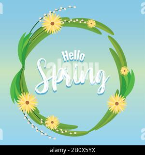 Floral frame. Hello spring text Stock Vector