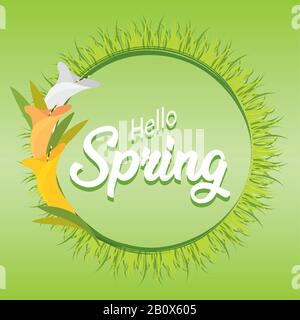 Floral frame. Hello spring text Stock Vector
