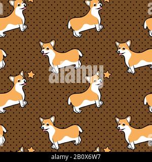 Cute seamless pattern with sitting and winking cartoon dog welsh corgi on dotted brown background Stock Vector
