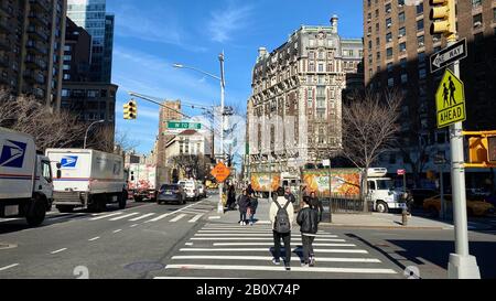 Looking north on Amsterdam Avenue and 72nd Street towards classic residential buildings Stock Photo