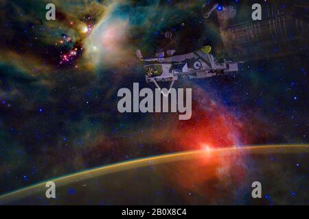 ISS space station walking Earth planet orbit. Endless of universe. Elements of this image furnished by NASA Stock Photo