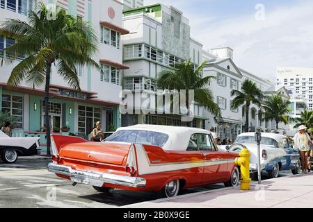 Plymouth Belvedere Convertible, year 1957, fifties, classic American car, Ocean Drive, Miami South Beach, Art Deco District, Florida, USA, Stock Photo