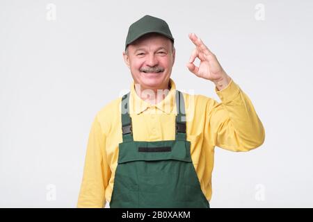 Senior smiling handyman show positive attitude ok sign, approving your choice. Studio shot Stock Photo