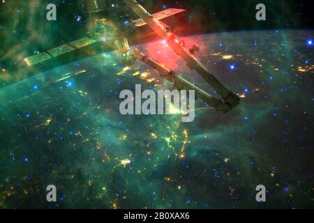 ISS space station walking Earth planet orbit. Endless of universe. Elements of this image furnished by NASA Stock Photo