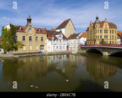 Werra bridge with bridge houses, Eschwege, Werra-Meißner district, Hesse, Germany, Stock Photo