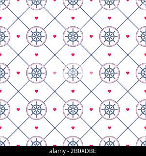 Ship helm vector seamless pattern. Helm, steering wheel and hearts seamless texture. Steering wheel and heart symbols seamless pattern. Ship helm vect Stock Vector