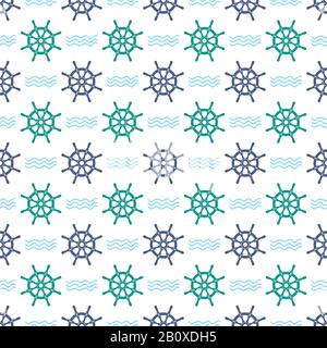 Ship helm vector seamless pattern. Helm, steering wheel and waves seamless texture. Steering wheel and wave symbols seamless pattern. Ship helm vector Stock Vector