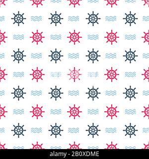 Ship helm vector seamless pattern. Helm, steering wheel and waves seamless texture. Steering wheel and wave symbols seamless pattern. Ship helm vector Stock Vector