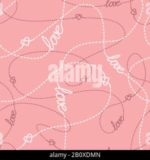 Tangled lines and hearts seamless pattern. Repeating abstract background with love lettering, hearts and dashed tangled lines. Romantic conceptual tex Stock Vector