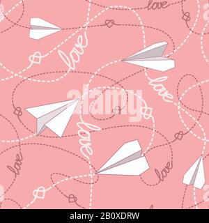 Paper planes tangled lines and hearts seamless pattern. Repeating abstract background with paper planes, hearts and dashed tangled lines. Romantic con Stock Vector