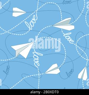 Paper planes flying on tangled lines seamless pattern. Repeating abstract background with paper planes and dashed tangled lines. Romantic conceptual t Stock Vector