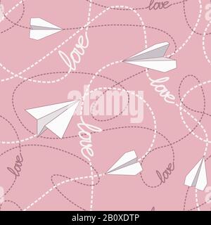 Paper planes flying on tangled lines seamless pattern. Repeating abstract background with paper planes and dashed tangled lines. Romantic conceptual t Stock Vector