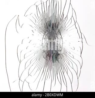 Cracks on broken glass, lines in the form of a web, the texture of a destroyed window. Stock Photo