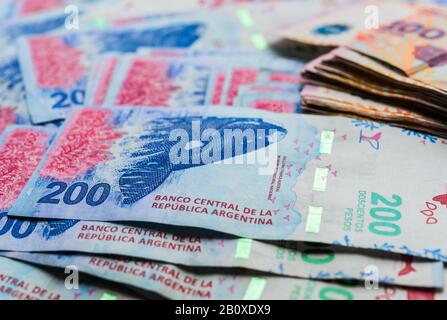 Close up of Argentine money, 200 pesos bills. Stock Photo