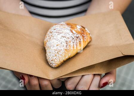 Close up of sfogliatella, traditional Italian crunchy pastry with cream inside. Stock Photo