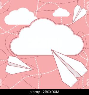 Paper planes and cloud vector background. Paper airplanes flying around cloud with blank space for text. Paper planes and cloud flat design. Can be us Stock Vector