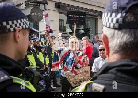 FILE: London, UK. 21st February, 2020. File Image (10-06-2018): British Nationalist Sherri Peach, married to former National Front election candidate, Roy Peach. BBC Question Time has been criticised for inviting the extreme anti-immigration views of Sherri Peach, who spoke uninterrupted for 82 seconds during Question Time’s broadcast from Weymouth 20-02-2020. Peach has attended numerous nationalist gatherings and shown support for Tommy Robinson and James Goddard. Seen here during a protest with other 'Free Tommy' supporters on 10-06-2018. Credit: Guy Corbishley/Alamy Live News Stock Photo