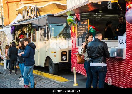 Buenos Aires, Argentina - August 17, 2019: Food trucks at a street food market Stock Photo