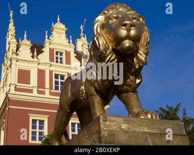 Lion in front of the New Castle in the Pücklerpark Bad Muskau, Upper Lusatia, Saxony, Germany, Stock Photo