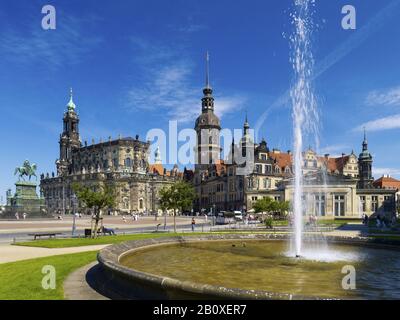 Theaterplatz with Hofkirche, Residenzschloss and Schinkelwache, Dresden, Saxony, Germany, Stock Photo