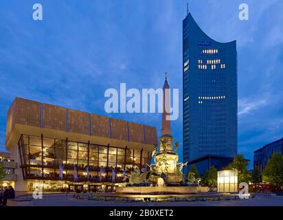 Gewandhaus and city high-rise on Augustusplatz in Leipzig, Saxony, Germany, Stock Photo