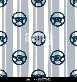 Steering wheels and vertical lines. Seamless pattern. Steering wheels seamless texture. Seamless background with steering wheels. Pattern with steerin Stock Vector