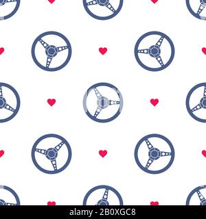 Car steering wheel seamless pattern with hearts. Automobile steering wheel seamless texture. Auto steering wheel and hearts seamless background. Steer Stock Vector