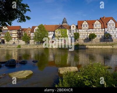 Half-timbered houses at Kasseler Schlagd with Fulda, Hann. Münden, Lower Saxony, Germany, Stock Photo