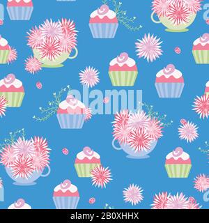 teacups full of flowers and delicious cupcakes seamless vector pattern in pink blue and green Stock Vector