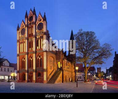 Gothic town hall on the market in Tangermuende, Saxony-Anhalt, Germany, Stock Photo