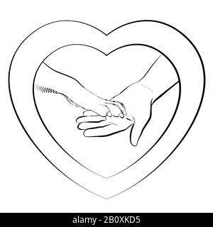 Heart shaped logo with dogs paw and human hand. Dog giving paws. Outline illustration on white background. Stock Photo