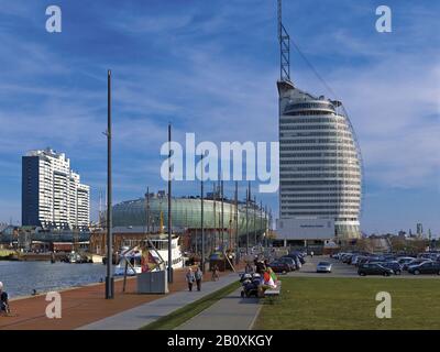 New harbor with Columbuscenter, Klimahaus, Atlantic Hotel Sail City, Bremerhaven, Bremen, Germany, Stock Photo