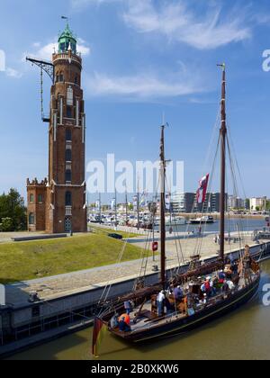 Loschenturm with old sailor at the new harbor, Bremerhaven, Bremen, Germany, Stock Photo