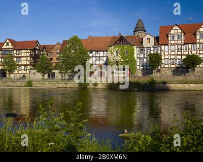 Half-timbered houses at Kasseler Schlagd with Fulda, Hann. Münden, Lower Saxony, Germany, Stock Photo