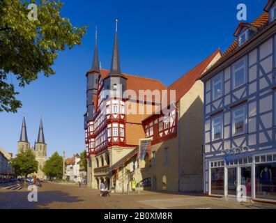 Town hall and St. Cyriakus church in Duderstadt, Lower Saxony, Germany, Stock Photo