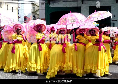 Port Of Spain, Trinidad, TT. 21st Feb, 2020. Traditional carnival characters took to the streets of Port of Spain, Friday, 21 February 2020 for a noon-time parade in one of many events leading up to carnival which will be on 24th. and 25th. February 2020. Credit: G. Ronald Lopez/ZUMA Wire/Alamy Live News Stock Photo