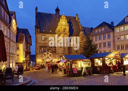 Christmas market with town hall in Marburg, Hesse, Germany, Stock Photo