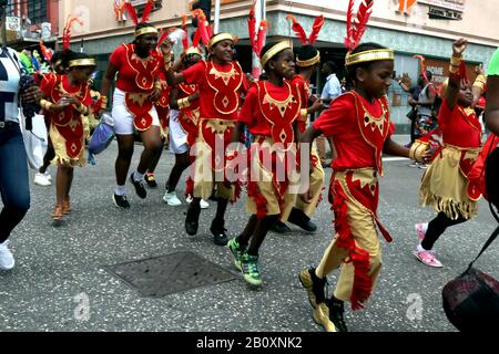 Port Of Spain, Trinidad, TT. 21st Feb, 2020. Traditional carnival characters took to the streets of Port of Spain, Friday, 21 February 2020 for a noon-time parade in one of many events leading up to carnival which will be on 24th. and 25th. February 2020. Credit: G. Ronald Lopez/ZUMA Wire/Alamy Live News Stock Photo