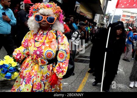 Port Of Spain, Trinidad, TT. 21st Feb, 2020. Traditional carnival characters took to the streets of Port of Spain, Friday, 21 February 2020 for a noon-time parade in one of many events leading up to carnival which will be on 24th. and 25th. February 2020. Credit: G. Ronald Lopez/ZUMA Wire/Alamy Live News Stock Photo